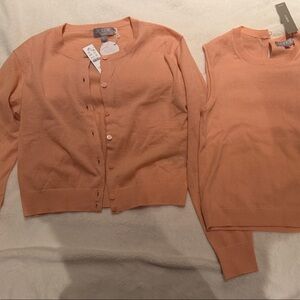 NWT J. Crew 100% cashmere Coral-Peach Button Cardigan & Crewneck Sweater Set